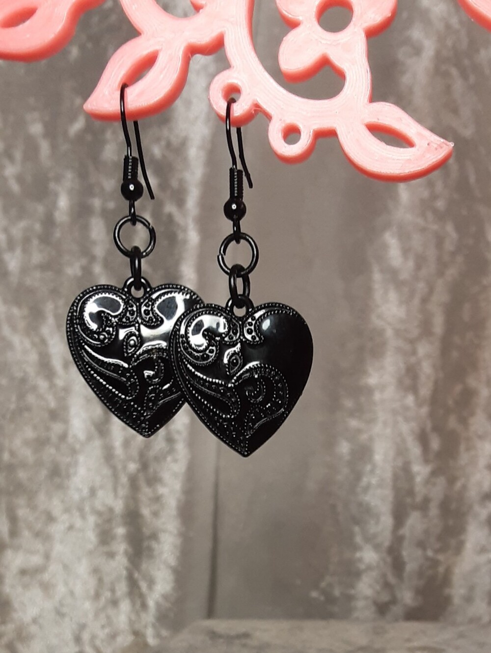 Handmade Black Heart Enamel Filigree Drop Earrings